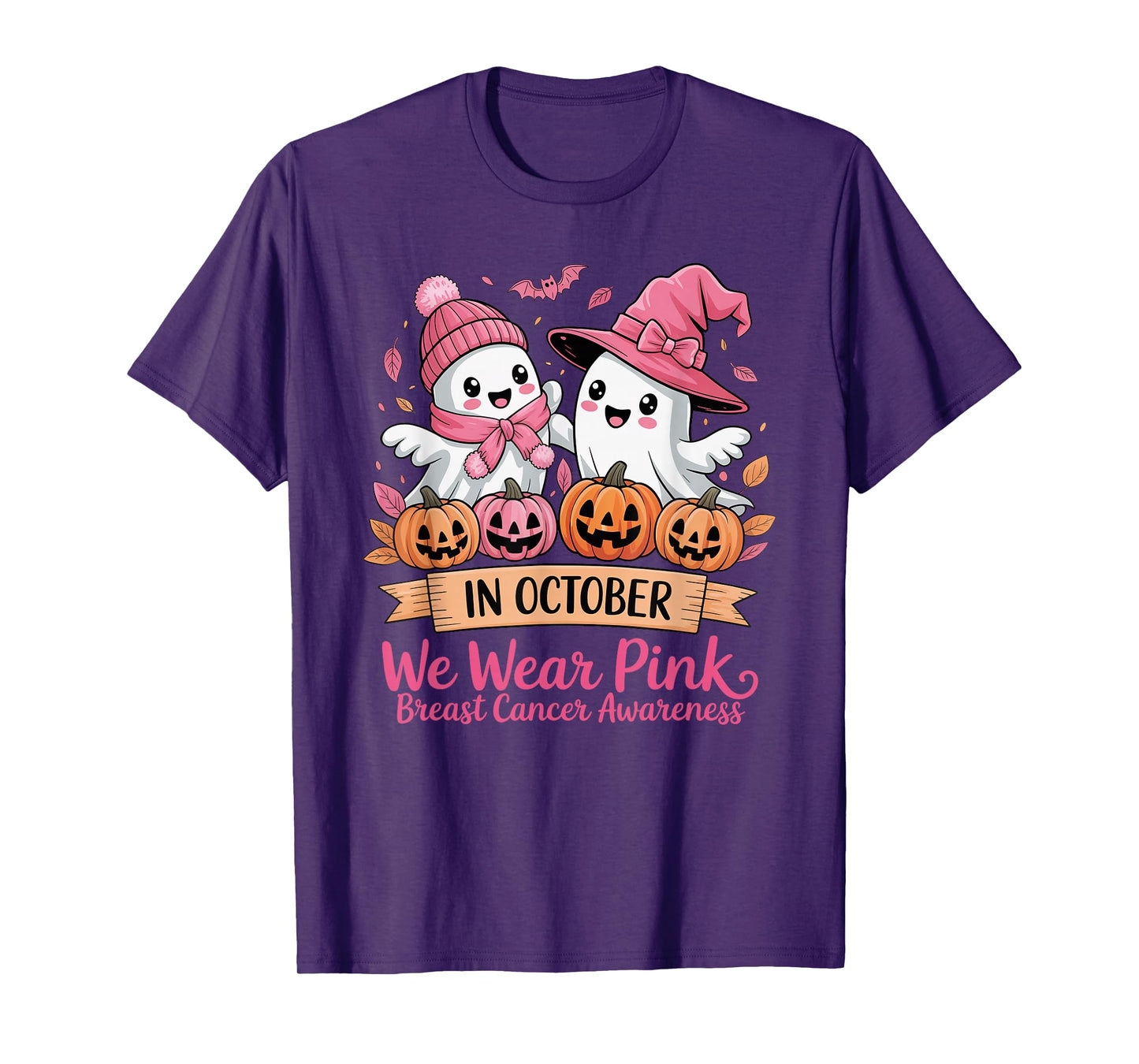 in October We Wear Pink Ghost Witch Breast Cancer Awareness T-Shirt