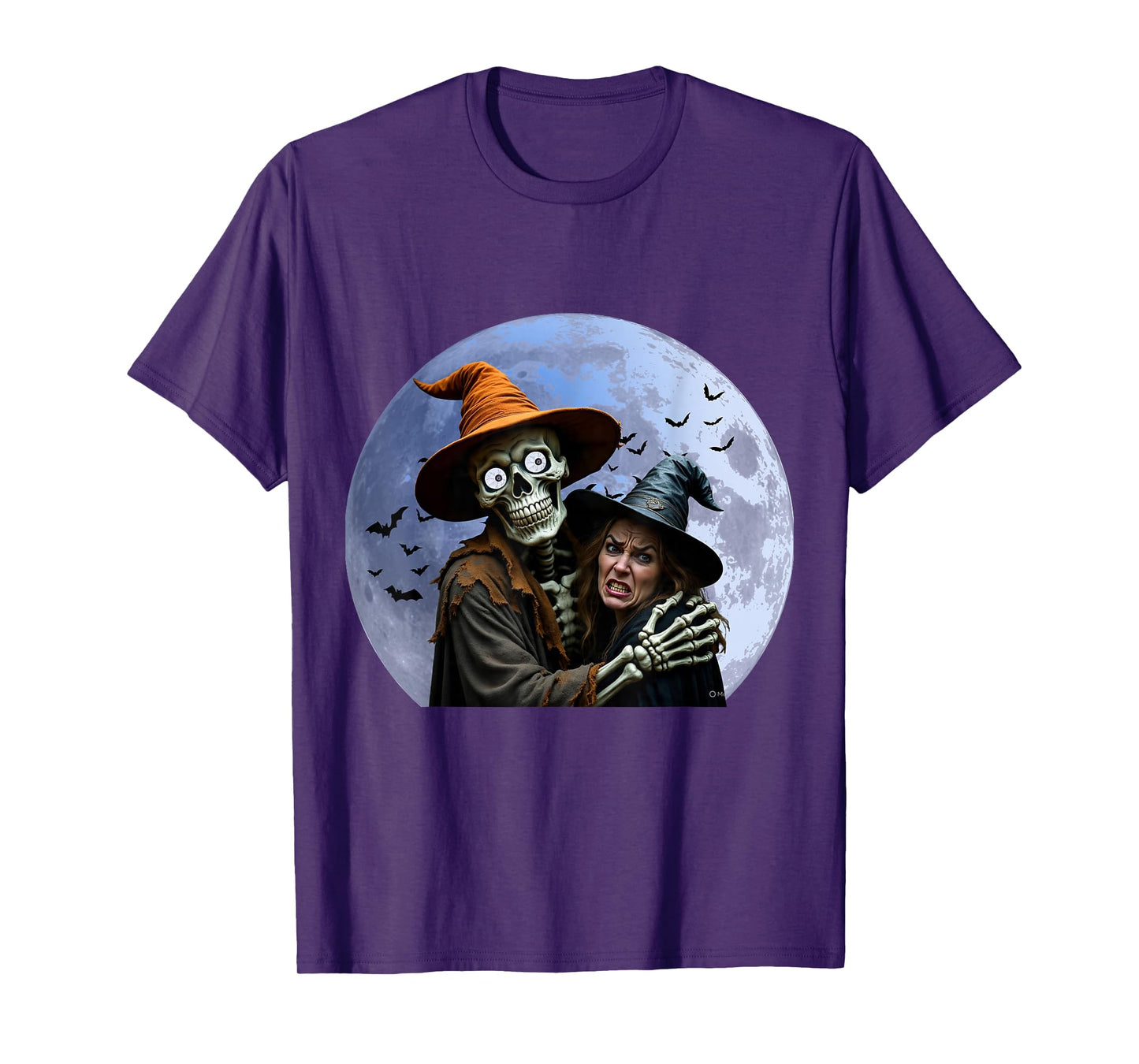 Halloween Skeleton Holding A Witch Under The Full Moon T-Shirt