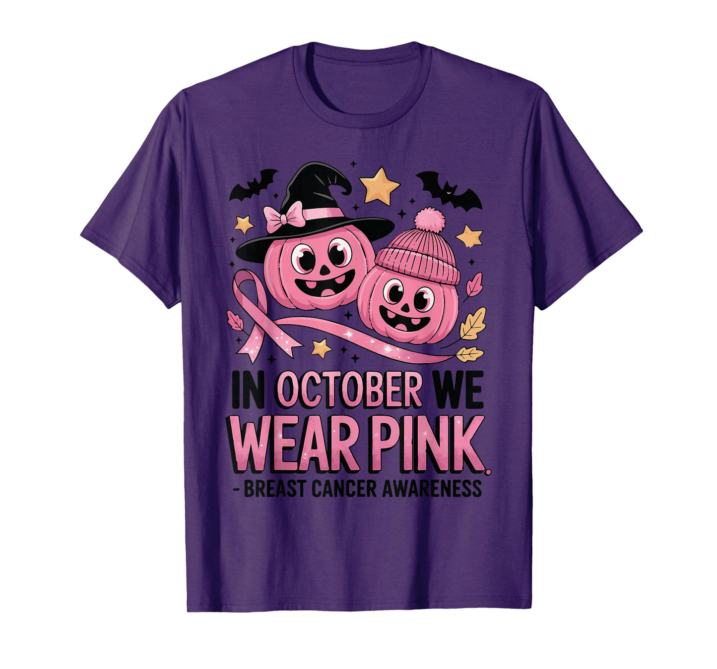 in October We Wear Pink Ghost Witch Breast Cancer Awareness T-Shirt