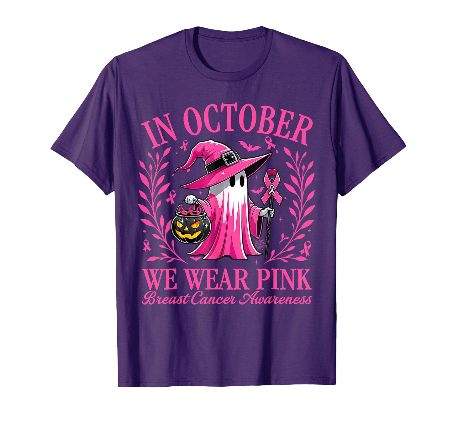 in October We Wear Pink Witch Breast Cancer Women Halloween T-Shirt