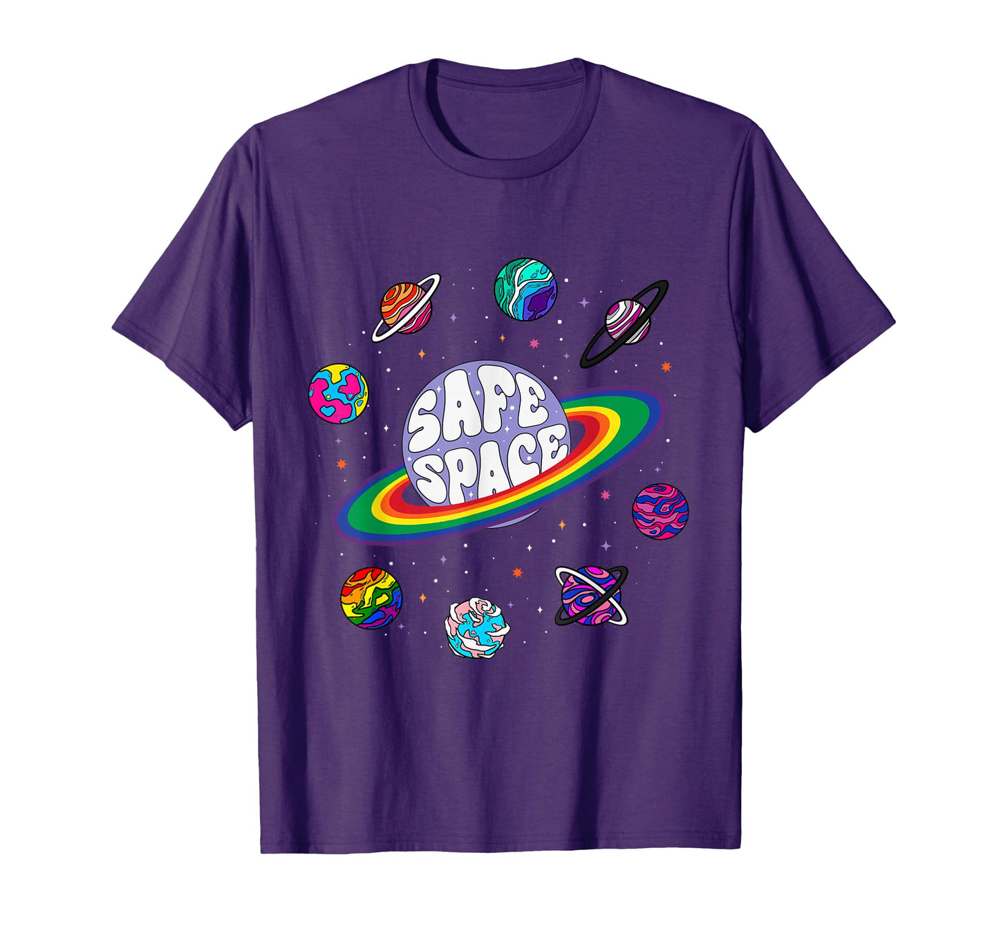 Retro Rainbow Planets Safe Space Cosmic LGBTQ Pride Month T-Shirt
