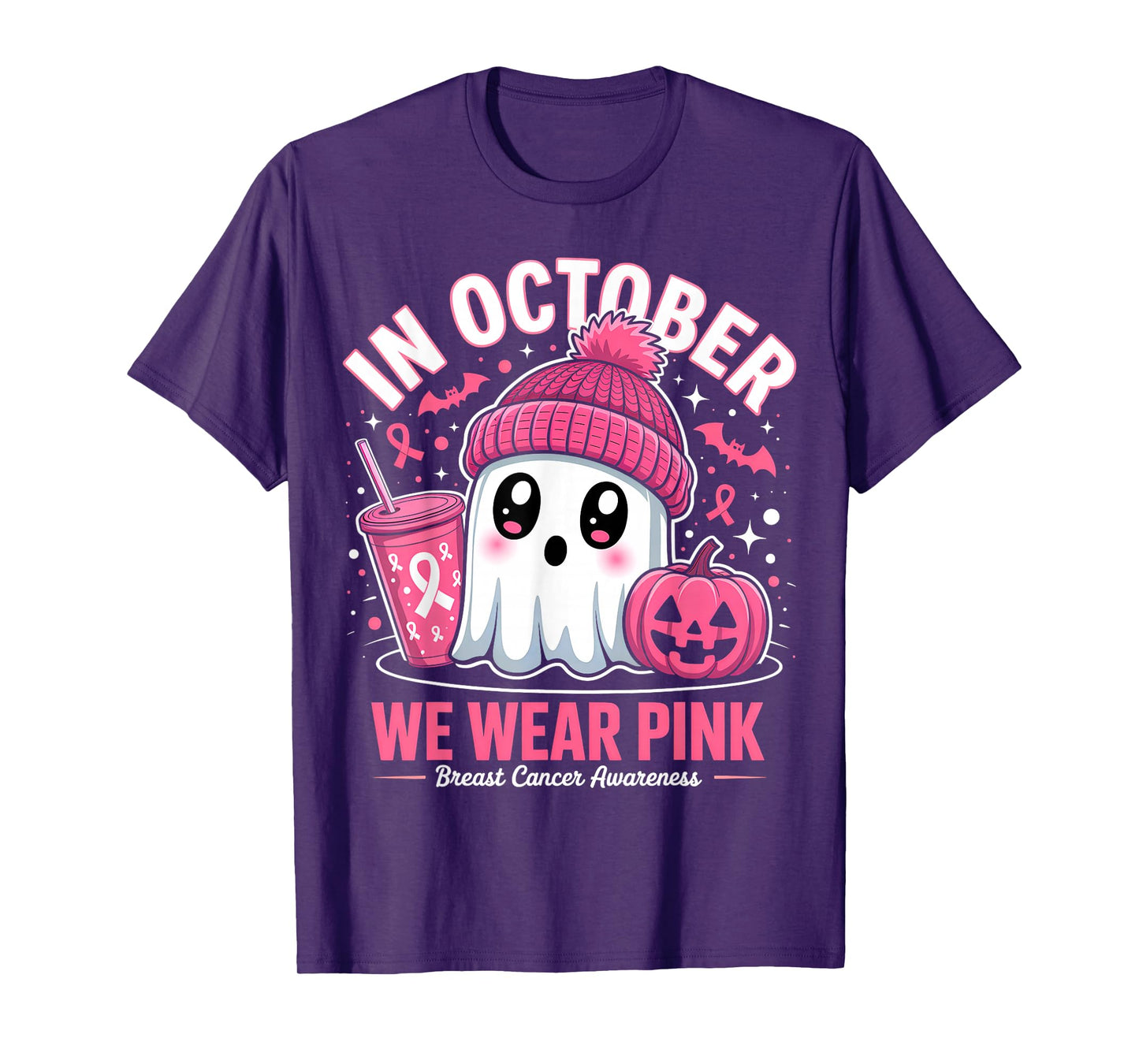 in October We Wear Pink Ghost Witch Breast Cancer Awareness T-Shirt