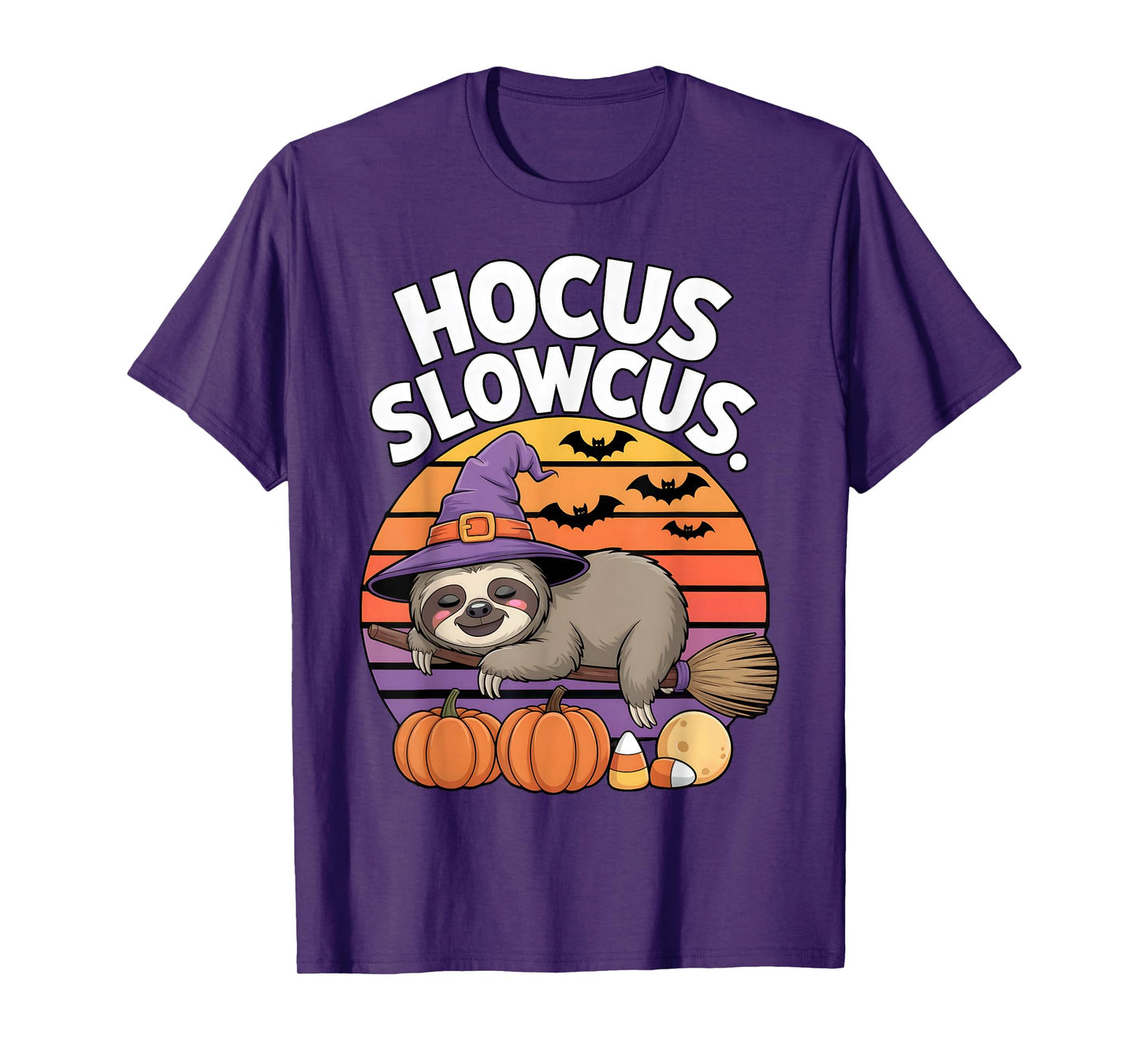Hocus Slowcus Sloth Witch Hat Broom Pumpkin Bat Halloween T-Shirt