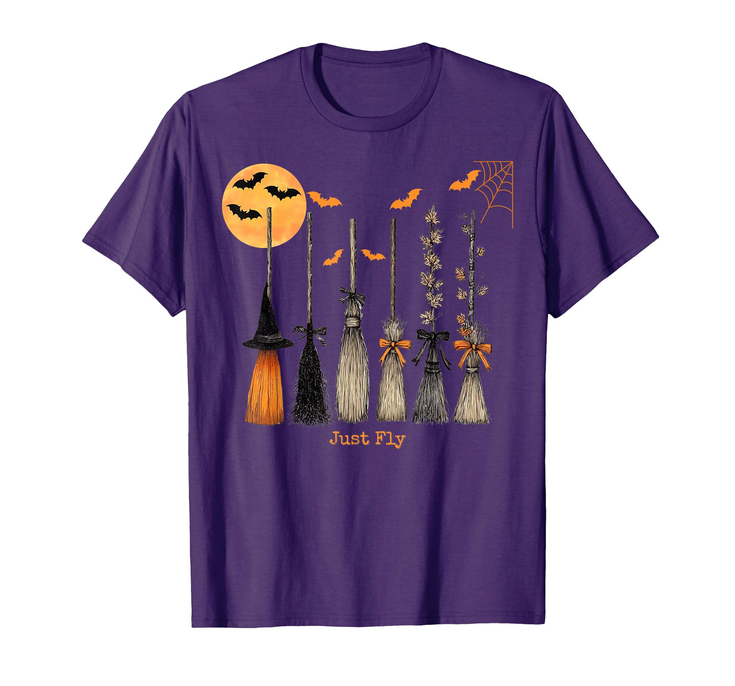 Halloween Witches Broomsticks Just Fly Spooky Bats Moon T-Shirt