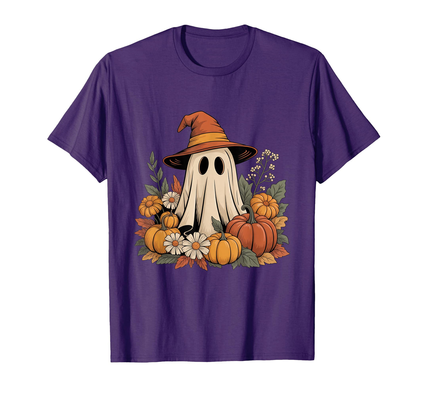 Cute Ghost with Pumpkins and Flowers Halloween T-Shirt