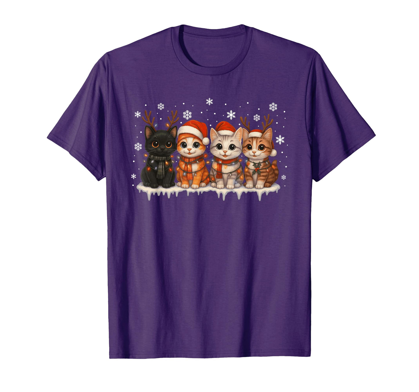 Cat Christmas Lights Reindeer Santa Hat Xmas Funny Cat Lover T-Shirt