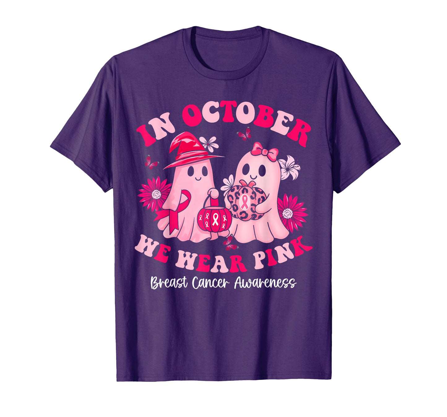 in October We Wear Pink Ghost Witch Breast Cancer Awareness T-Shirt