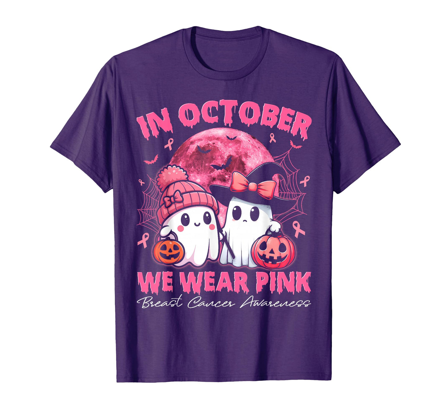 in October We Wear Pink Ghost Witch Breast Cancer Awareness T-Shirt