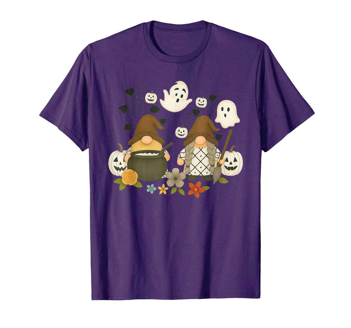 Funny Gnome Halloween with Pumpkin Ghost Leopard Design T-Shirt