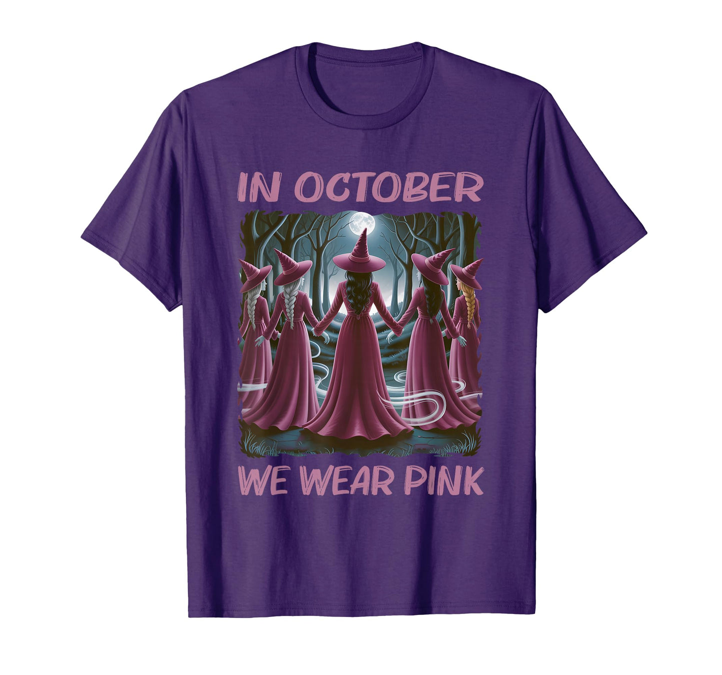 in October We Wear Pink Witch Halloween Breast Cancer Women T-Shirt