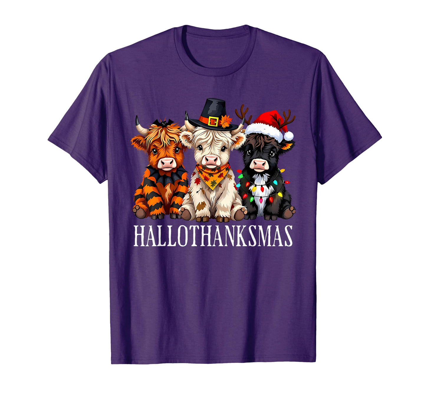 Happy Hallothanksmas Highland Cow Halloween Merry Christmas T-Shirt
