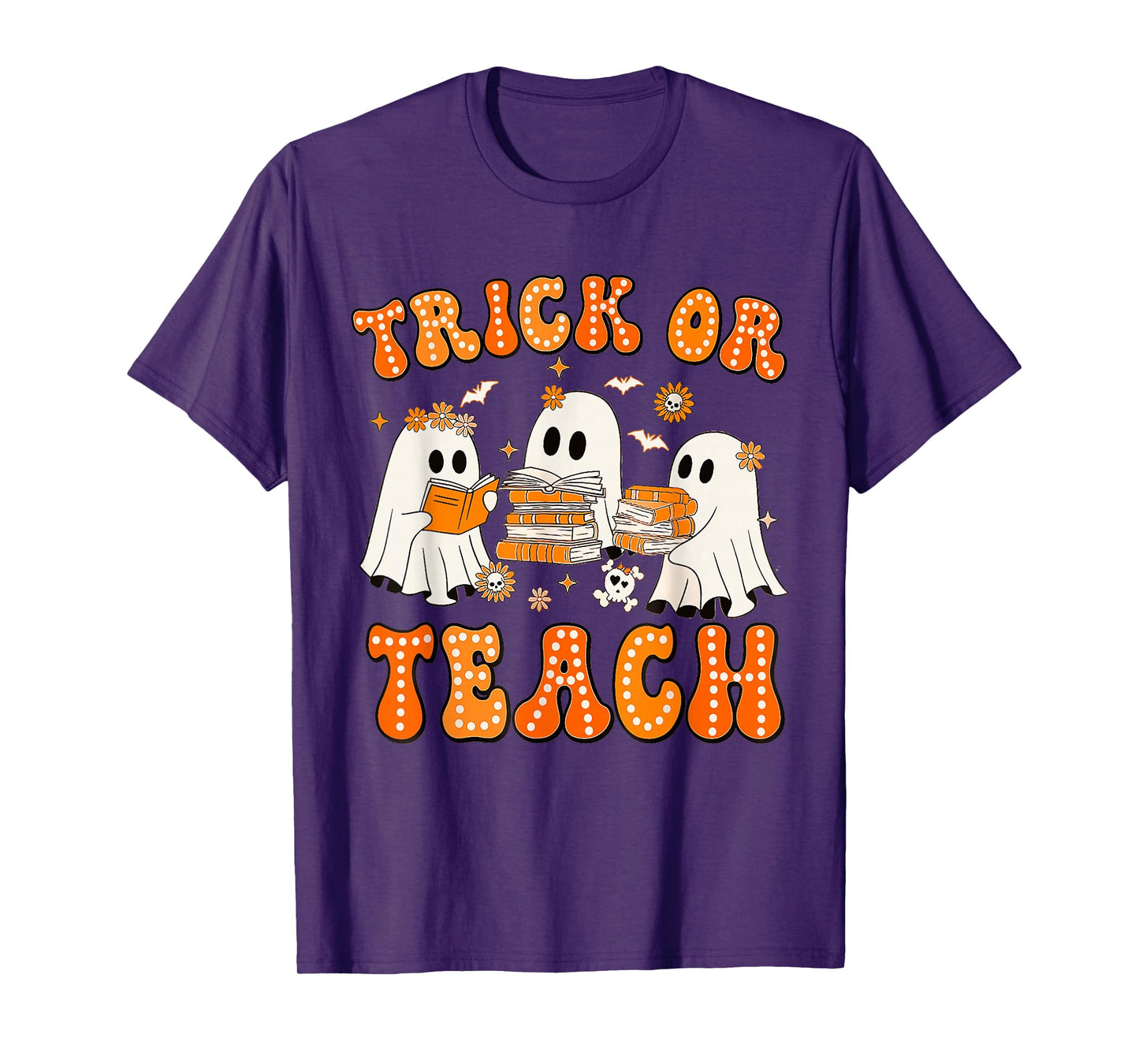 Teacher Halloween Trick or Teach Retro Groovy Floral Ghost T-Shirt