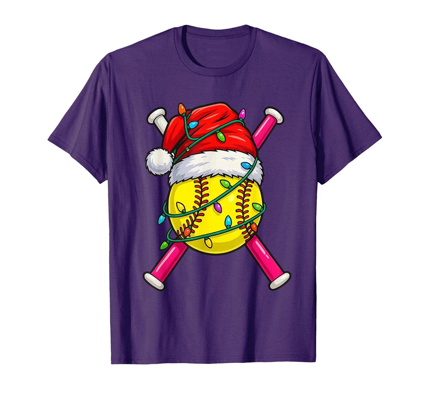 Christmas Softball Santa Hat Lights Colorful Funny Player T-Shirt