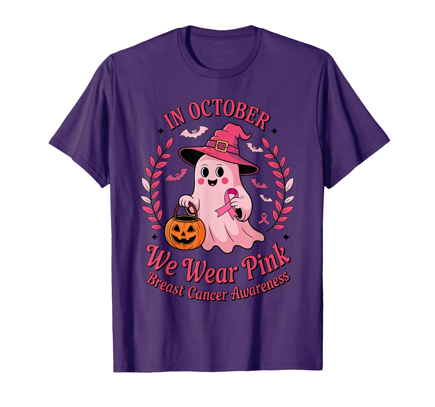 Ghost Witch in October We Wear Pink Pumpkin Breast Cancer T-Shirt