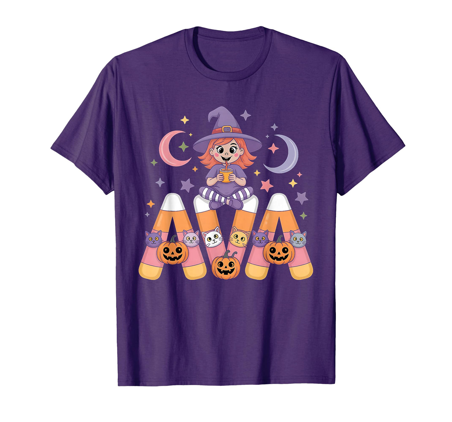 Ava Witch Candy Corn Cat Halloween Women and Girls T-Shirt