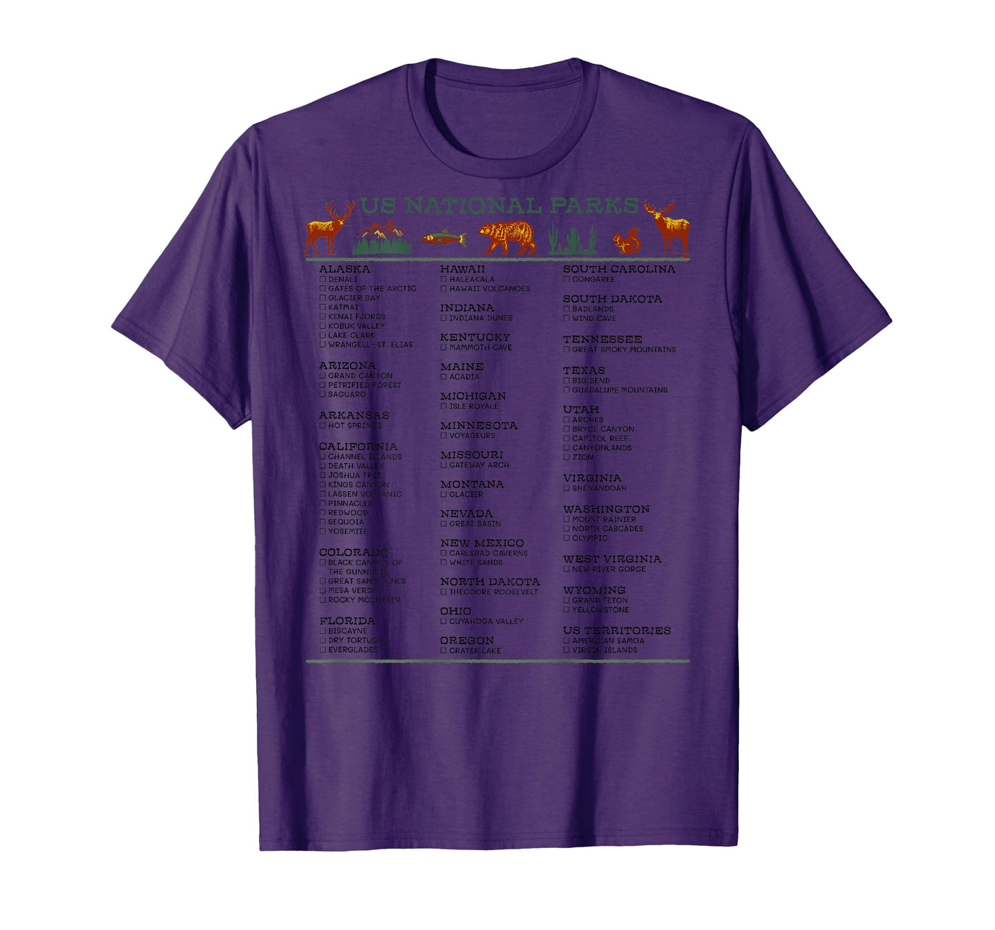 US National Parks Checklist List by State DESIGN ON BACK T-Shirt