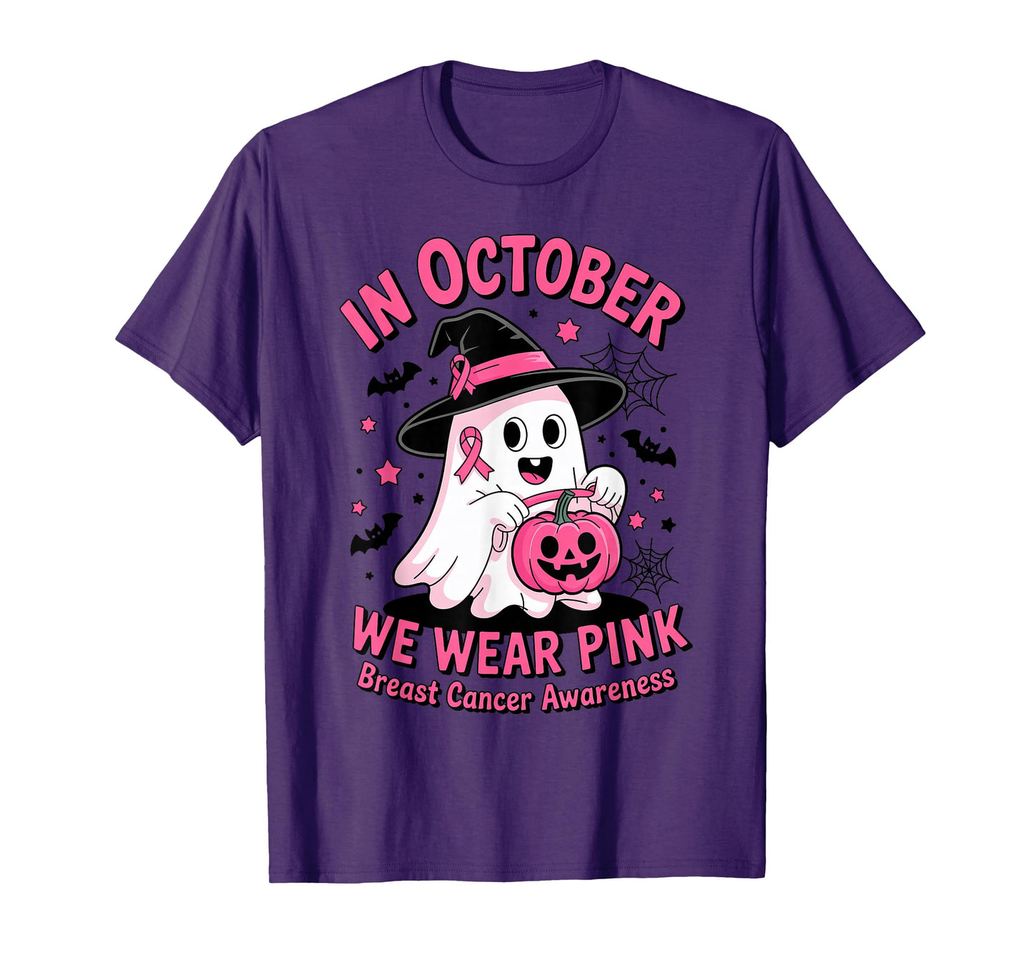 Halloween Ghost Witch Hat Breast Cancer Awareness Men Women T-Shirt