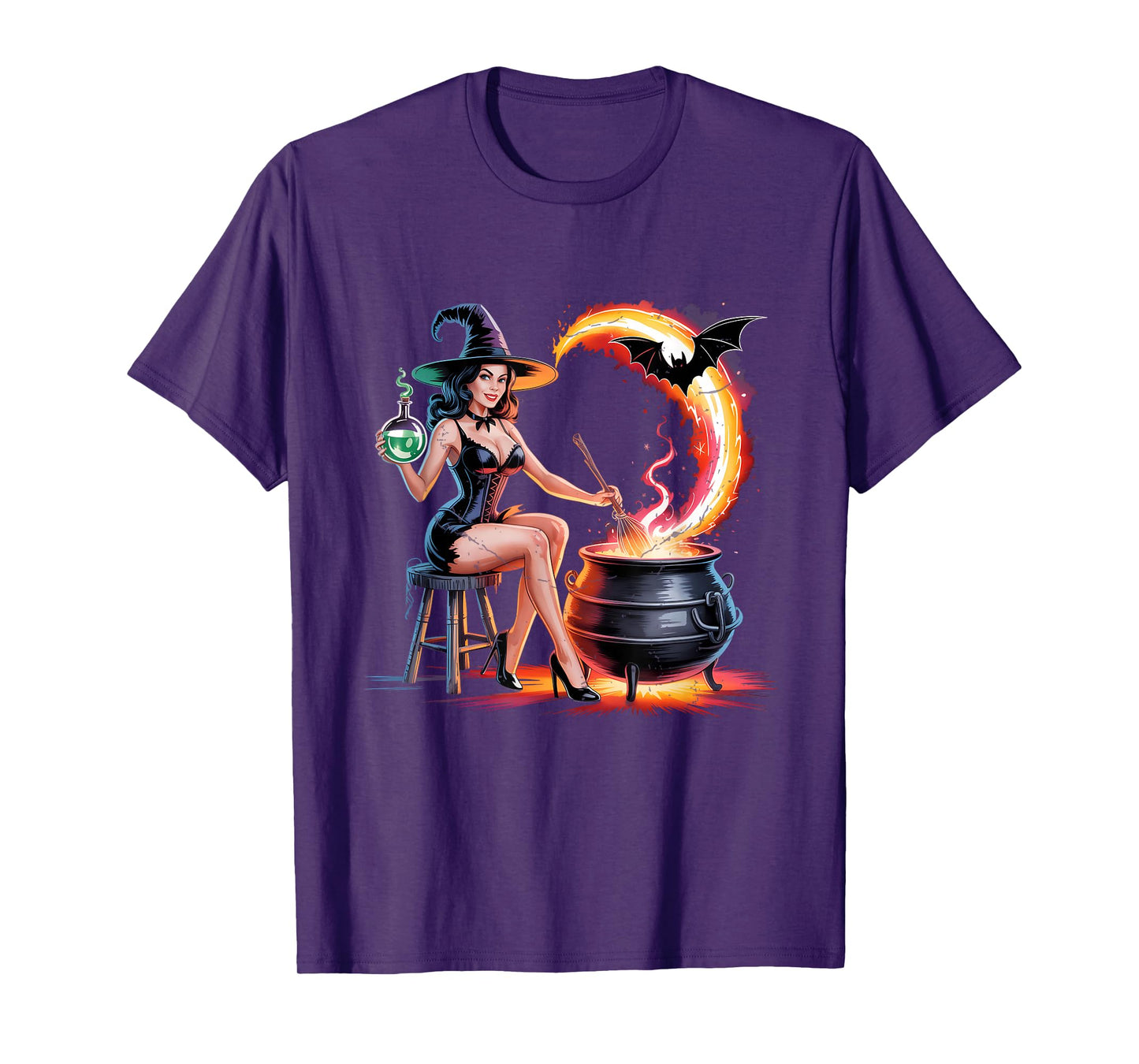 Halloween Witch Pin Up Sitting On Stool Stirring Cauldron T-Shirt
