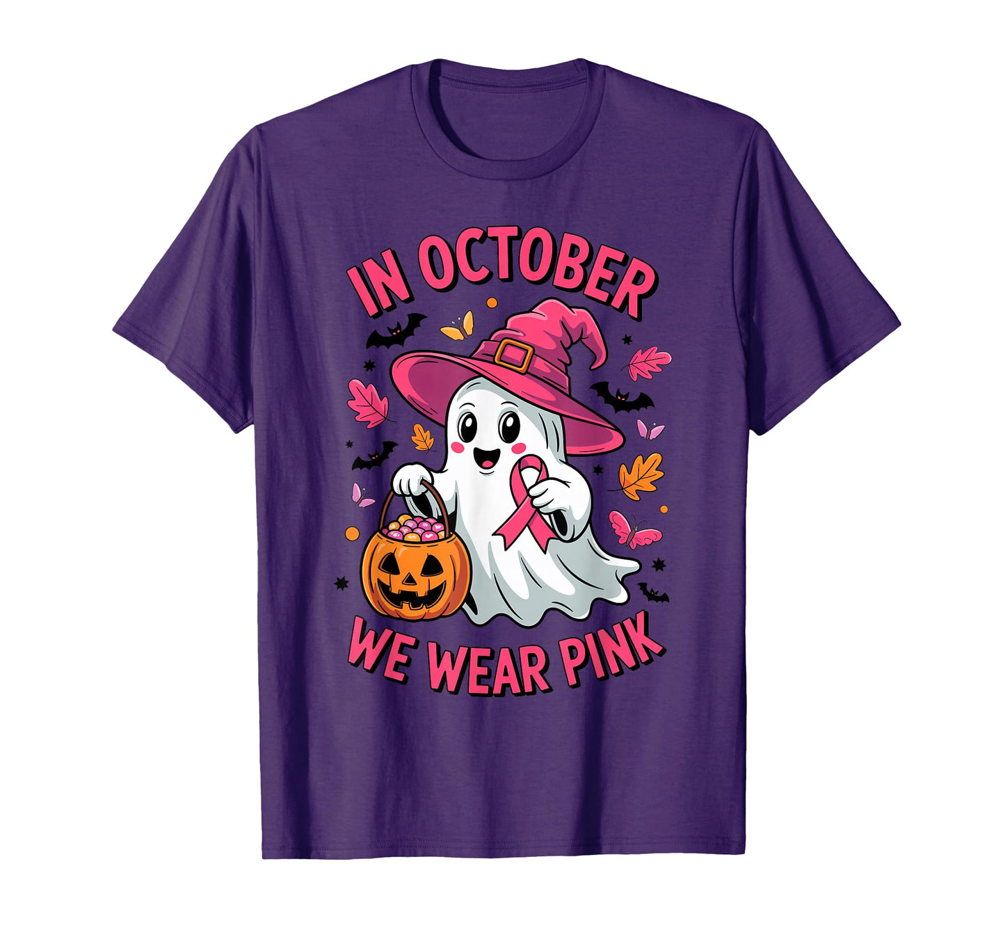 Cute Ghost Pumpkin in October We Wear Pink Costume Halloween T-Shirt