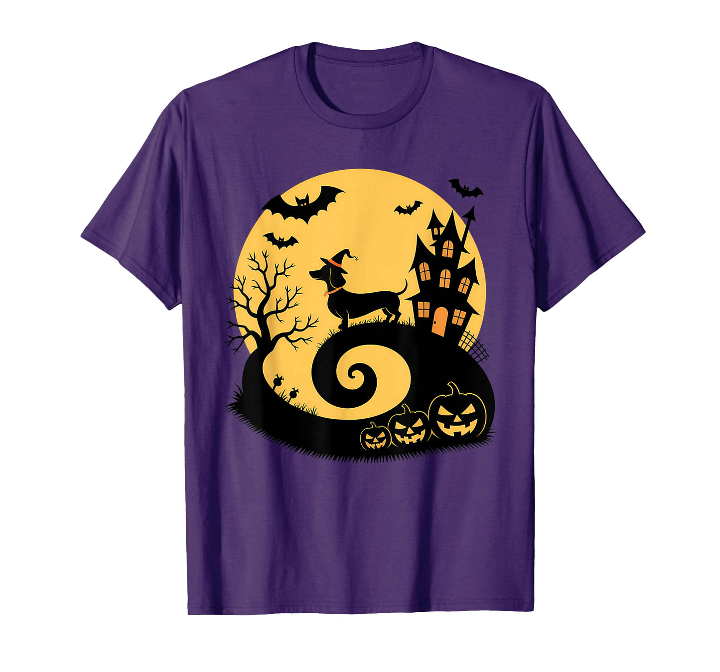 Halloween Dachshund Witch Pumpkins Bats Moon T-Shirt