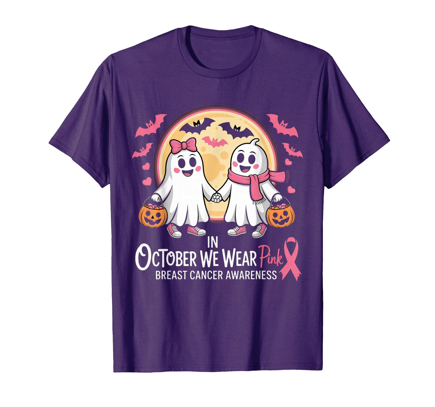 in October We Wear Pink Ghost Witch Breast Cancer Awareness T-Shirt