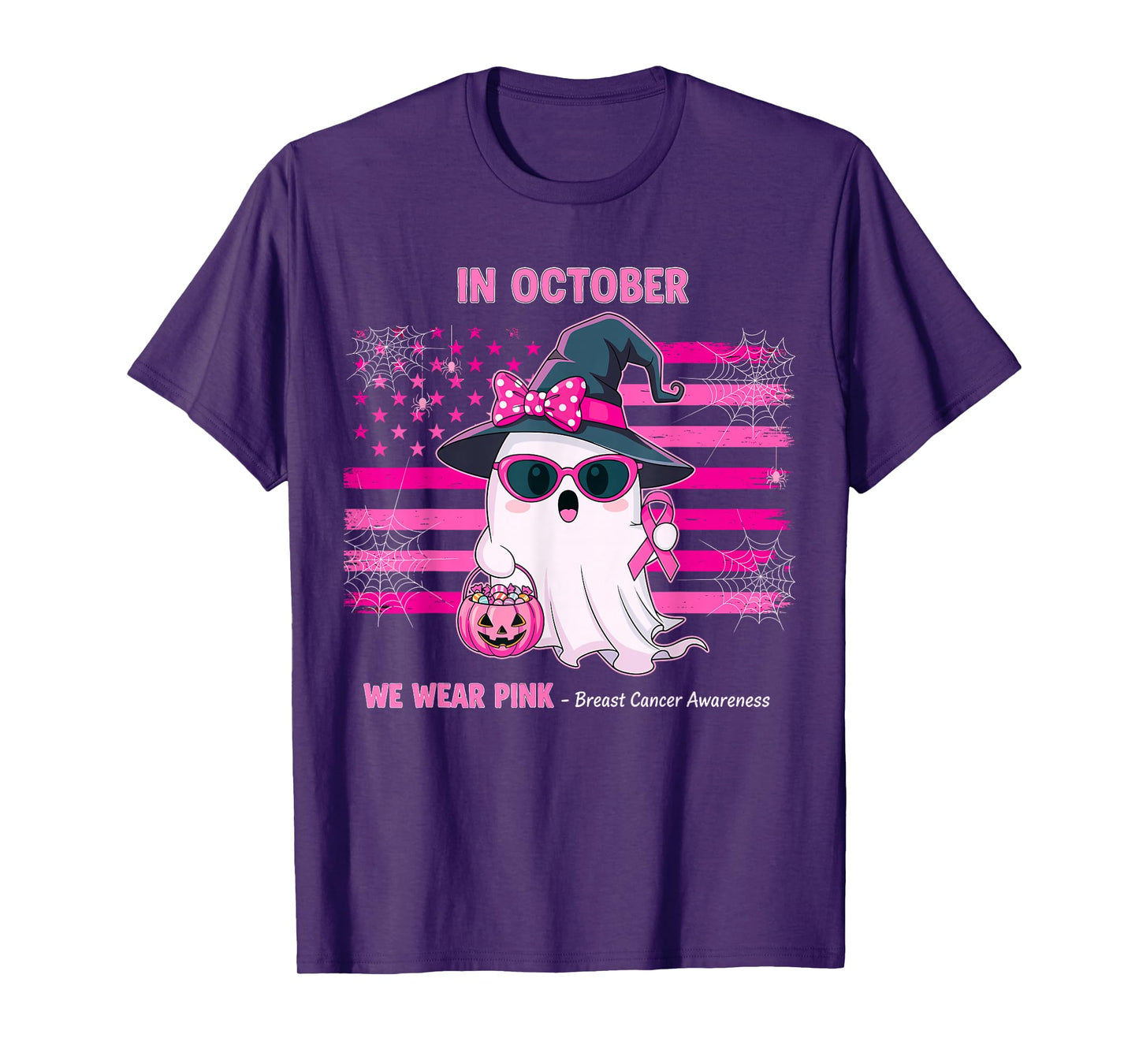 in October We Wear Pink Ghost Witch Breast Cancer Awareness T-Shirt