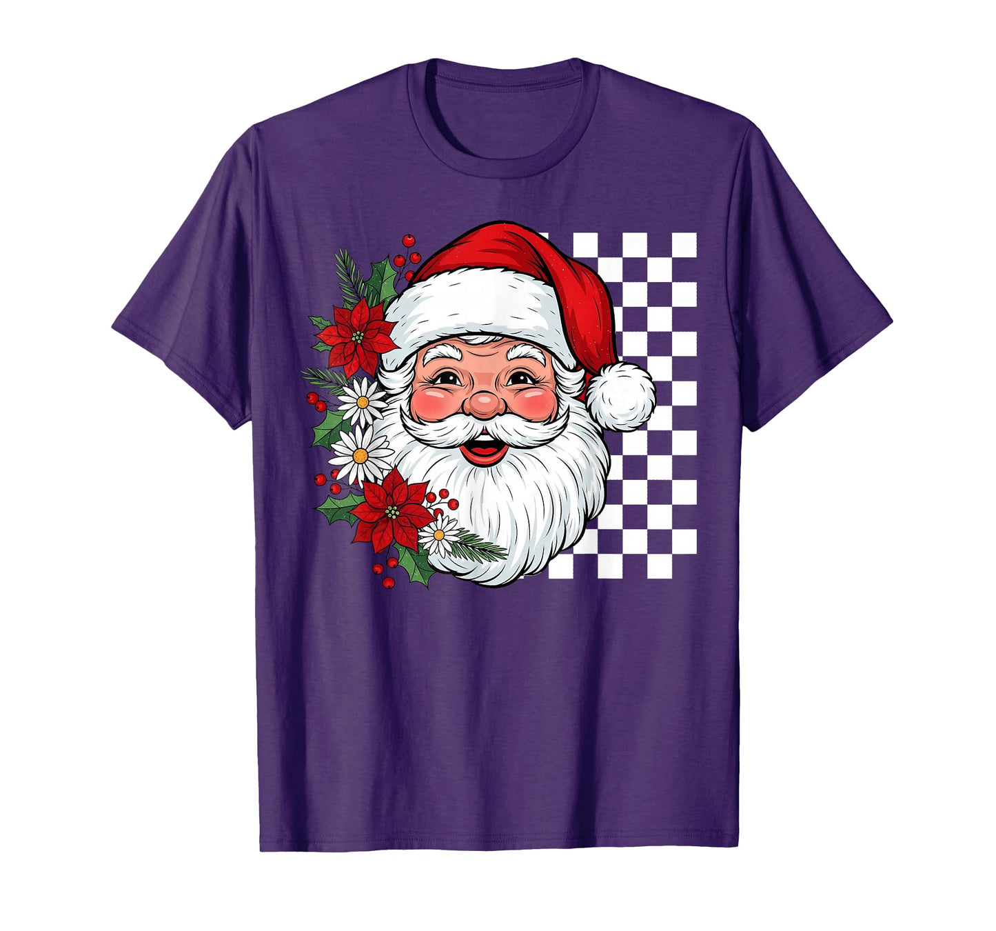 Vintage Santa Checkerboard Retro Floral Christmas Men Woman T-Shirt