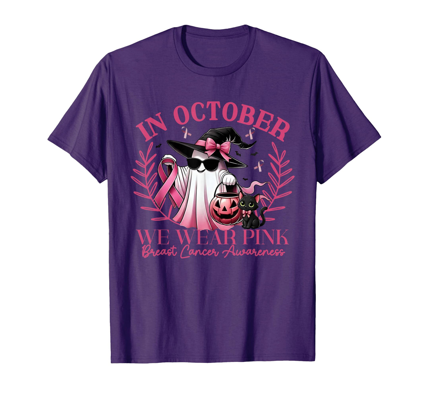 in October We Wear Pink Breast Cancer Awareness Ghost Cat T-Shirt