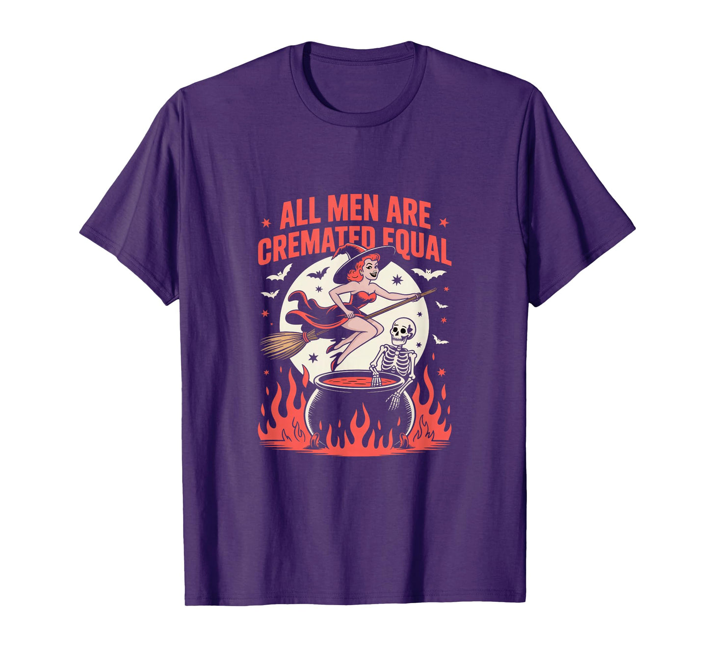 Vintage Halloween Witch Skeleton Retro Moon Bats Flames T-Shirt