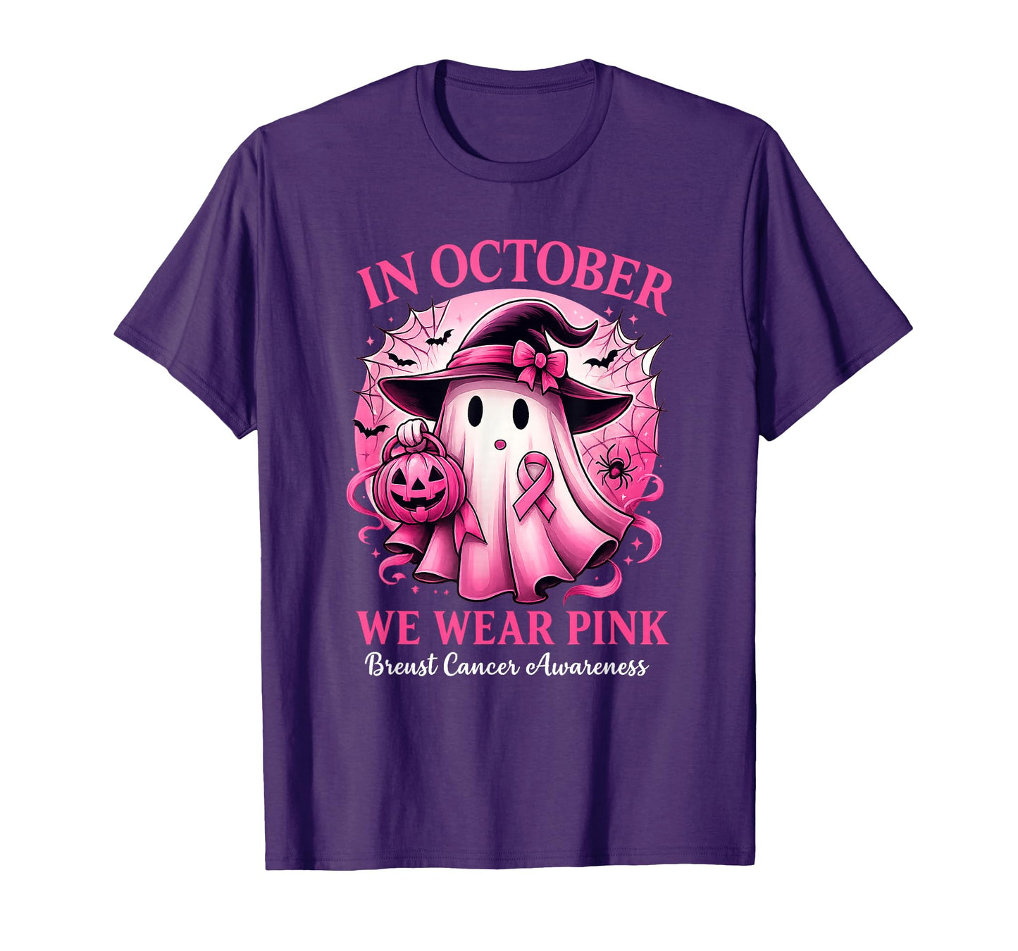 in October We Wear Pink Ghost Witch Breast Cancer Awareness T-Shirt
