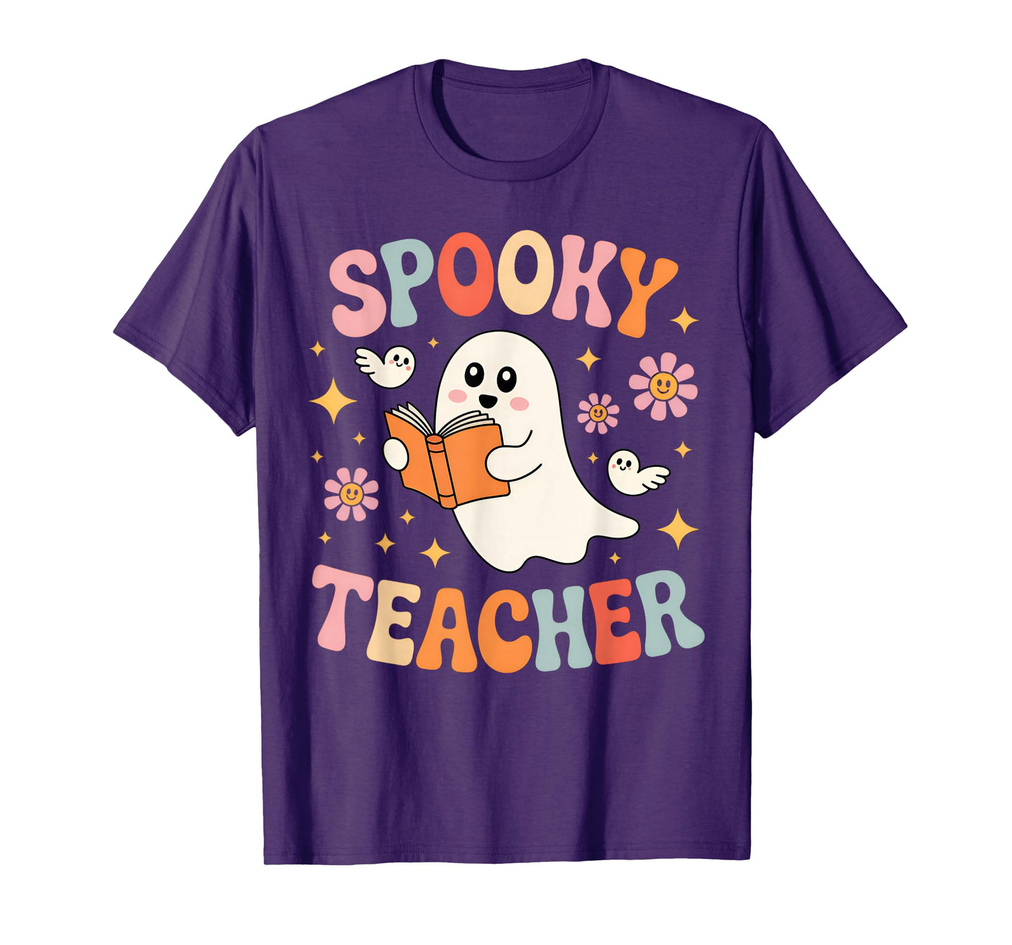 Groovy Spooky Season Teacher Halloween Retro Floral Ghost T-Shirt