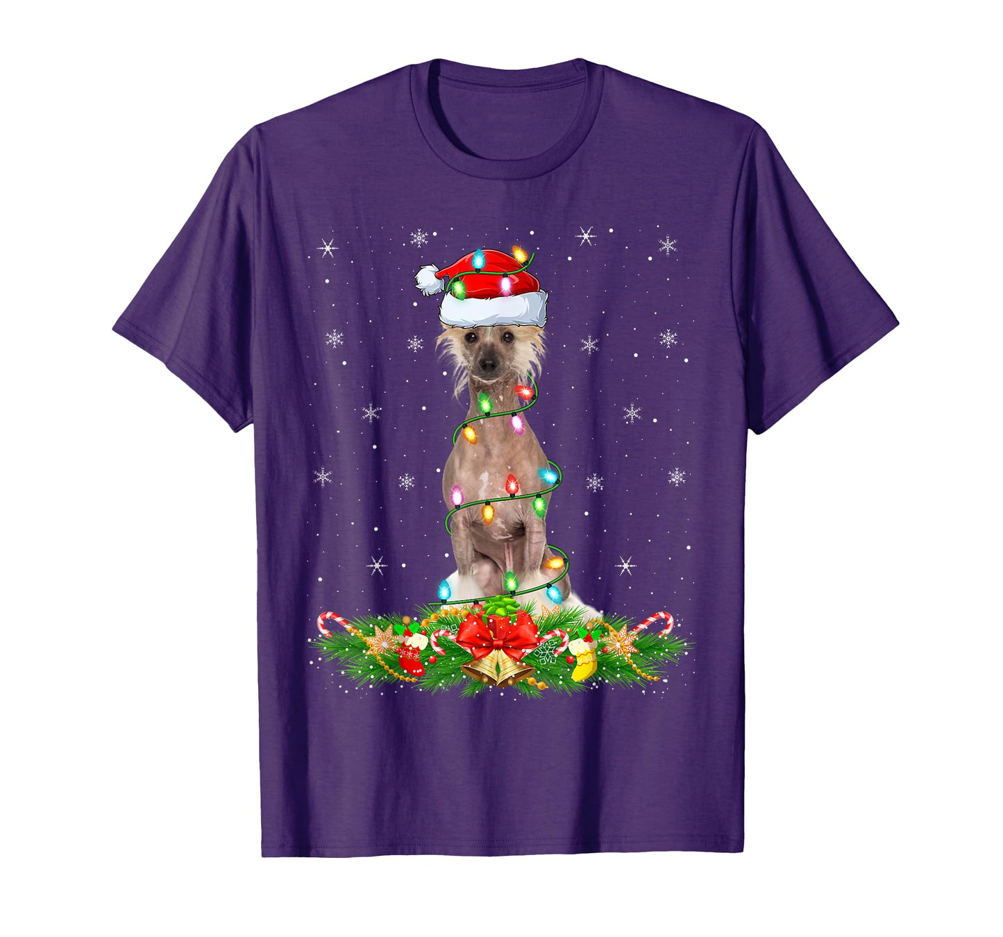 Chinese Crested Dog Christmas Lights Funny Santa Hat Xmas T-Shirt