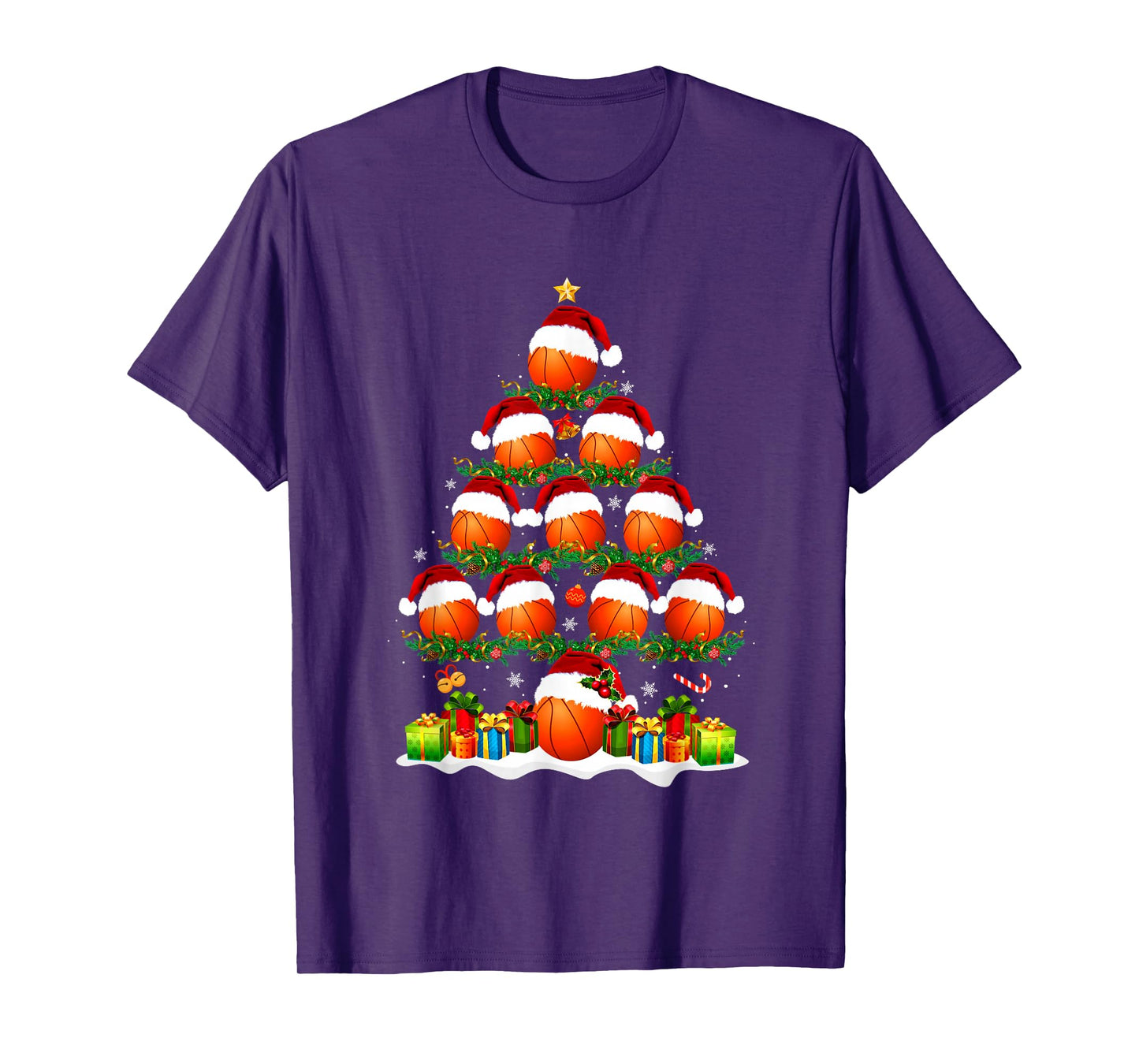 Basketball Christmas Tree Lights Funny Xmas Men Boys Kids T-Shirt