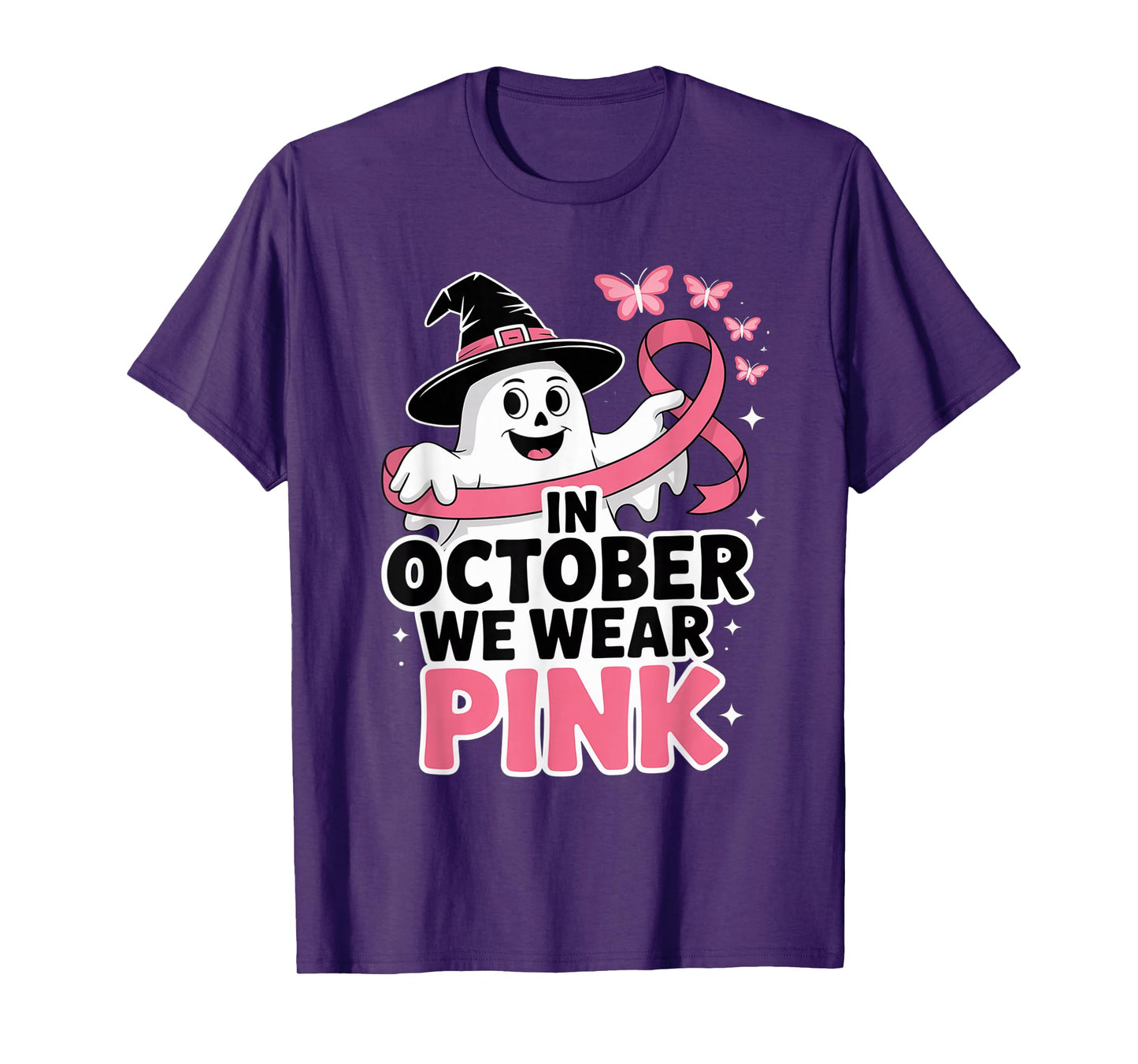 in October We Wear Pink Ghost Witch Breast Cancer Awareness T-Shirt