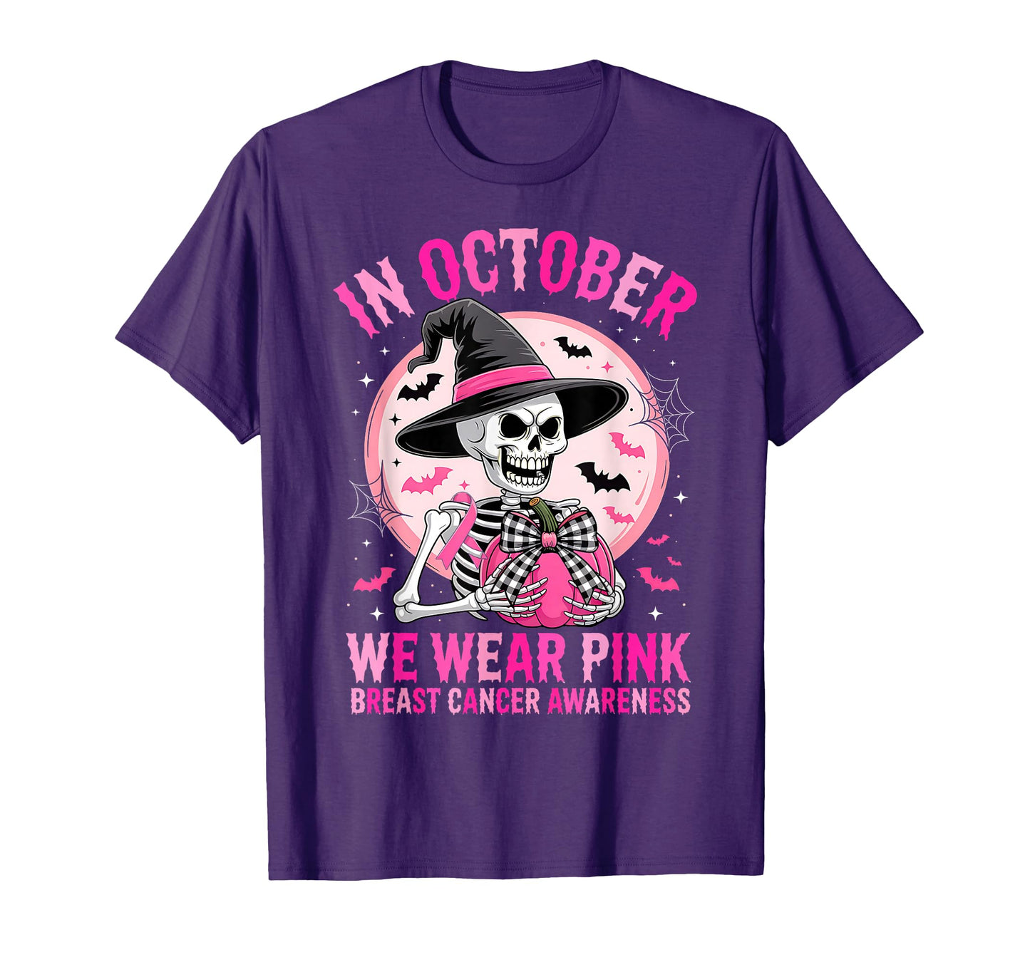 Halloween Breast Cancer Awareness Spooky Skeleton Witch T-Shirt