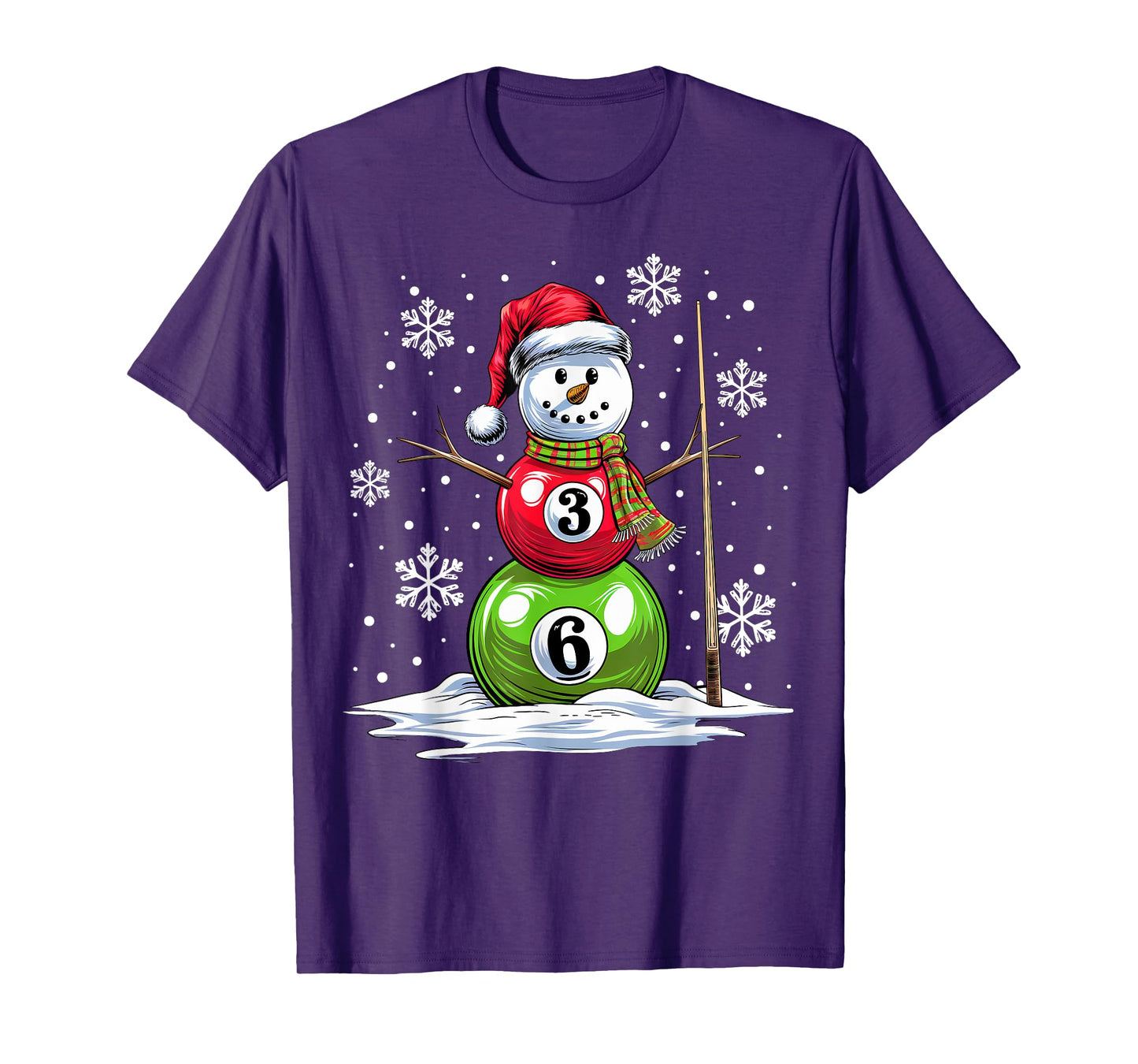 Pool Game Balls Snowman Billiards Player Funny Christmas T-Shirt