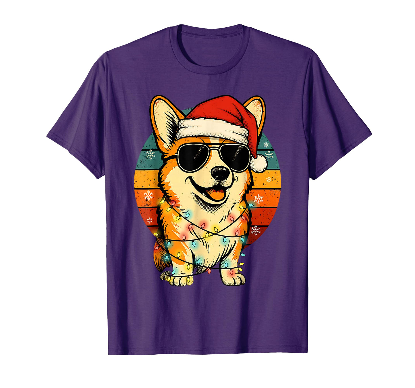 Retro Corgi in Santa Hat Christmas Lights Funny Corgi Xmas T-Shirt