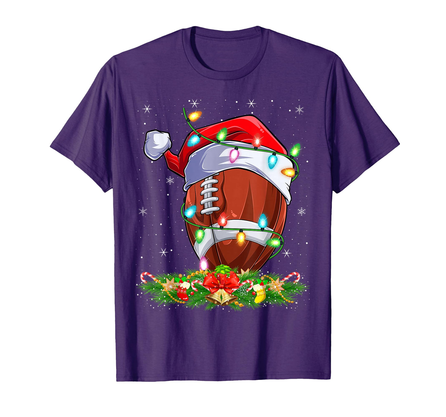 Football Christmas Lights Funny Santa Hat Football Xmas T-Shirt