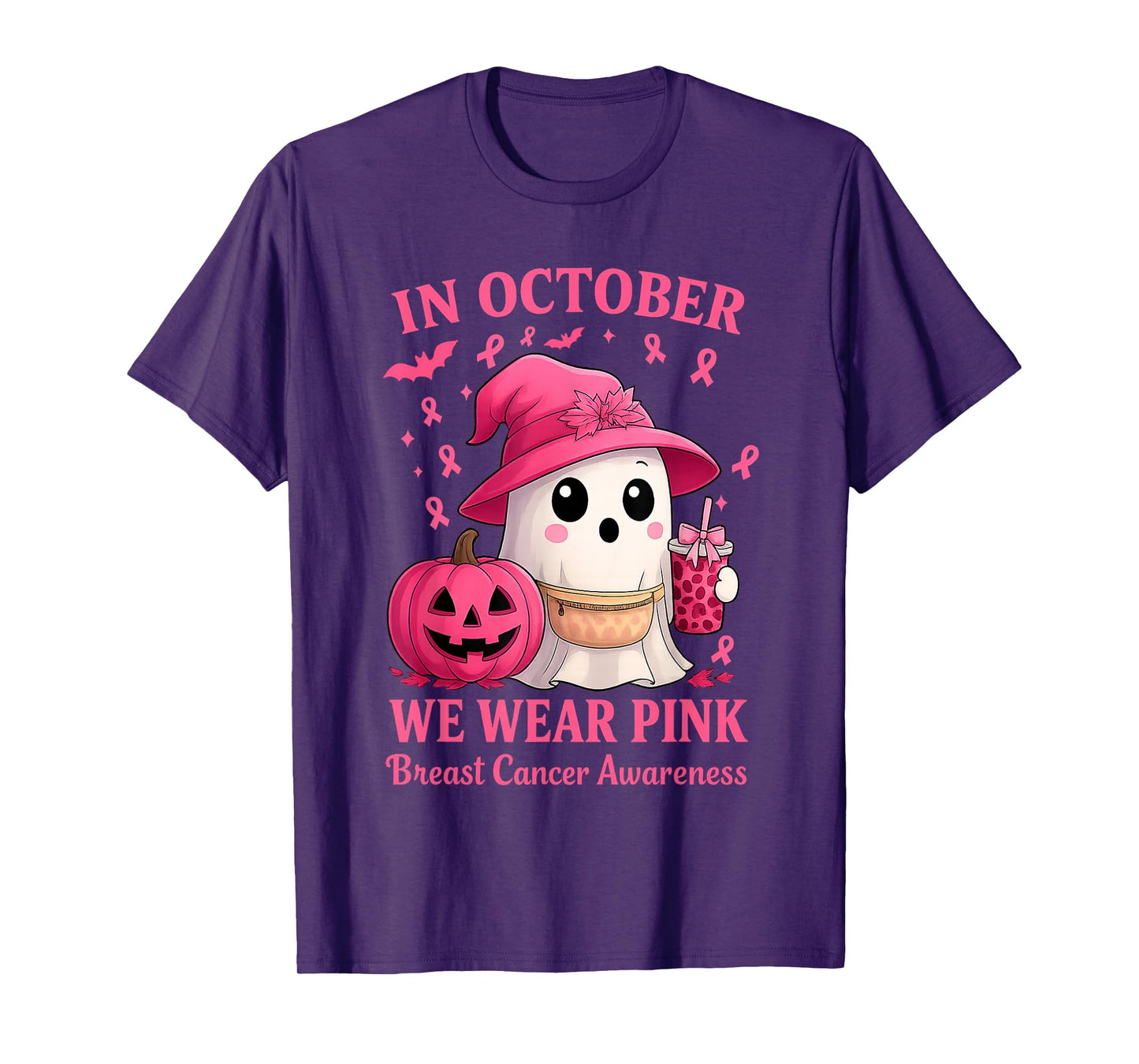 Breast Cancer Halloween in October We Wear Pink Ghost Witch T-Shirt