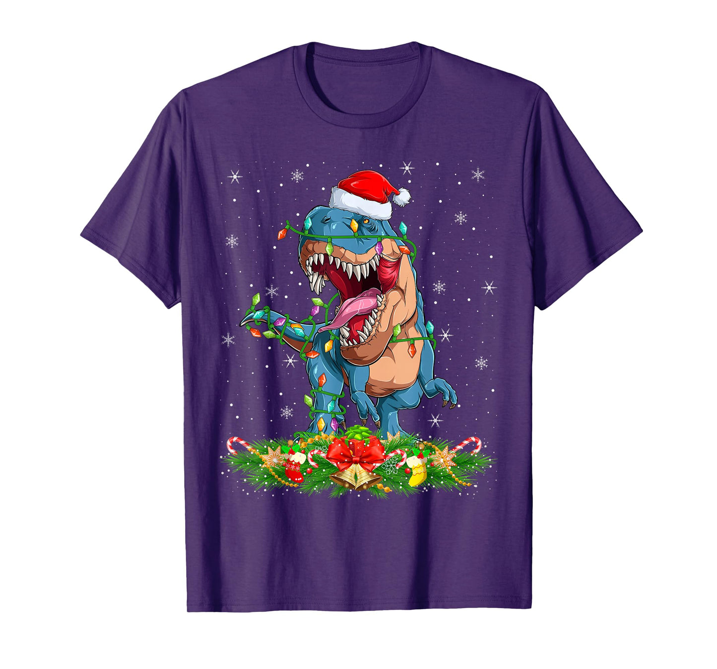 Dinosaur T-Rex Christmas Lights Funny Santa Hat Xmas T-Shirt