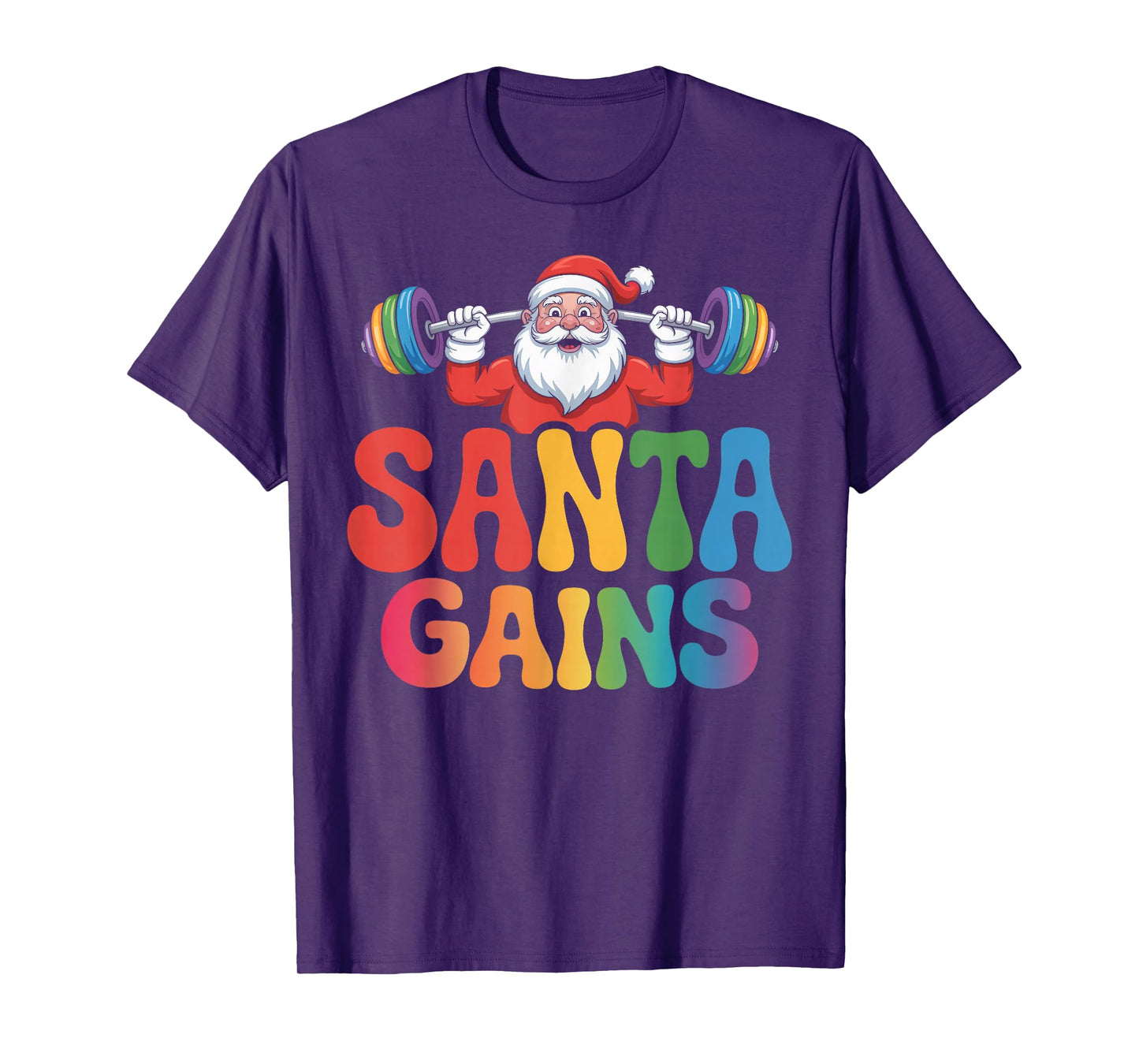 Santa Gains Festive Barbell Lifting Holiday Cheer Slogan T-Shirt