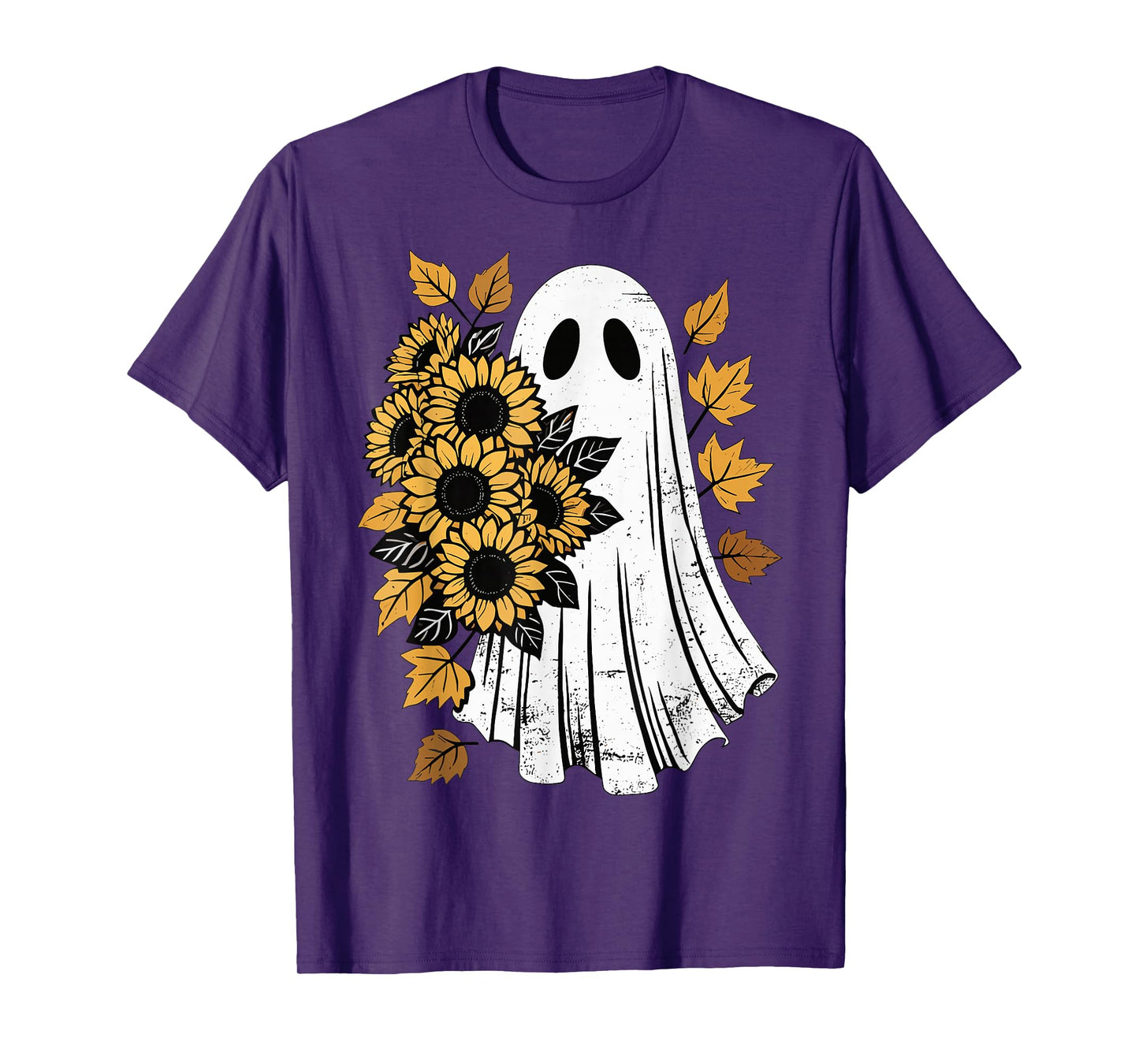 Vintage Halloween Ghost with Sunflowers Autumn Leaves Spooky T-Shirt