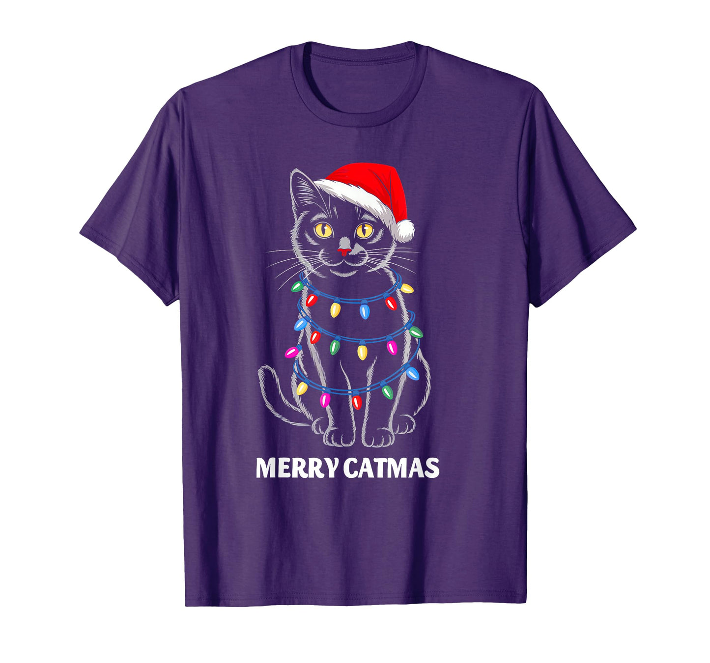 Merry Catmas Christmas Lights Black Cat Santa Xmas Pajamas T-Shirt