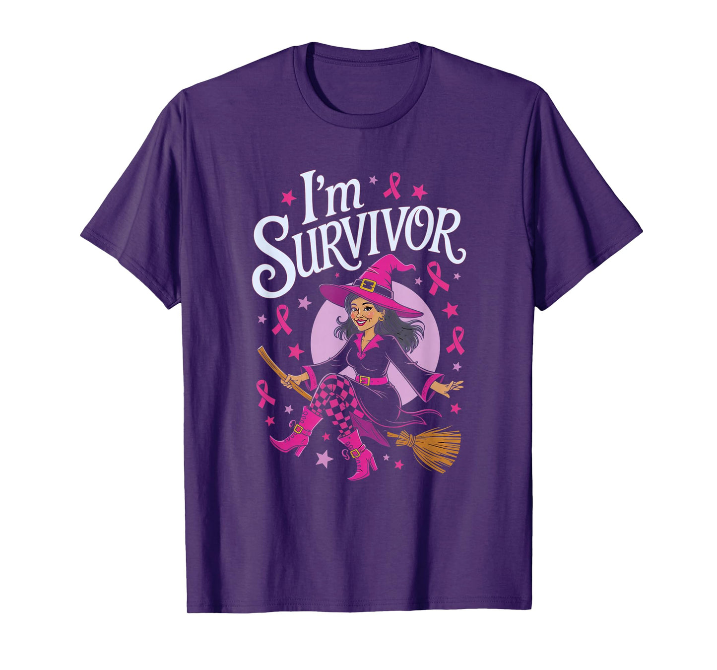 Halloween Party Witch Pink Ribbon Survivor Breast Cancer T-Shirt