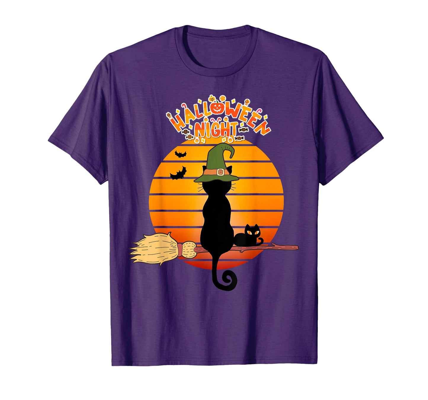 Vintage Halloween Scary Black Cat Witch Hat Moon Witchy T-Shirt