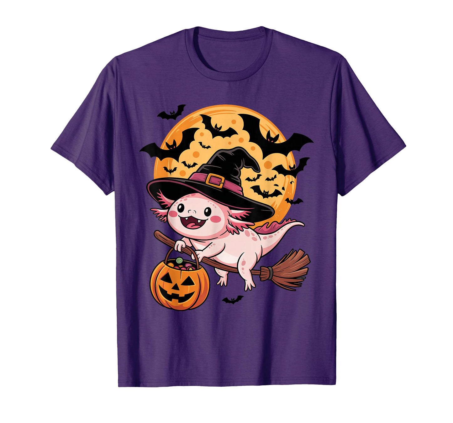 Cute Axolotl Halloween Witch Hat Jack-o-Lantern Candy Bucket T-Shirt