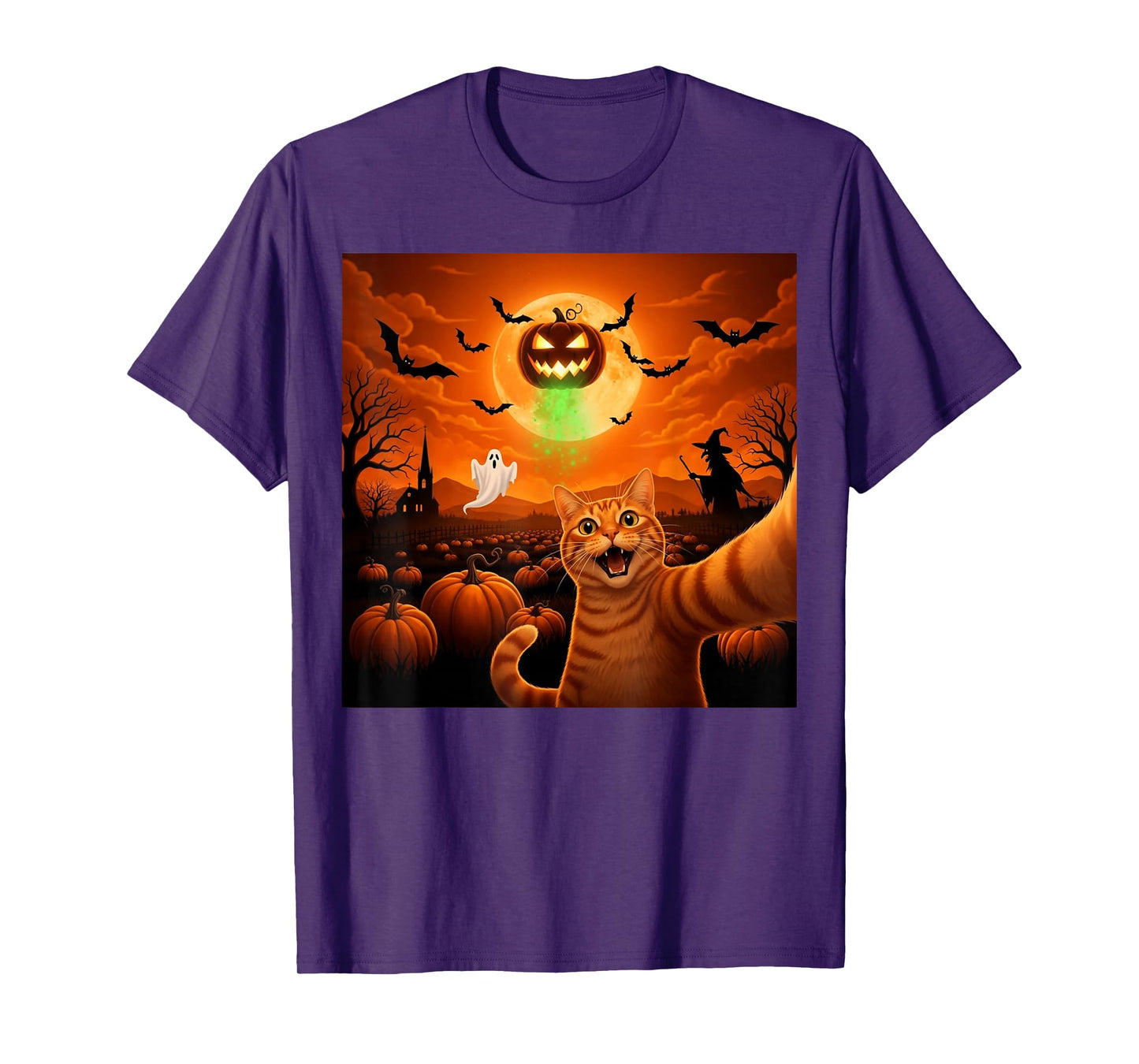 Halloween Cat Selfie Pumpkin Moon Scene T-Shirt