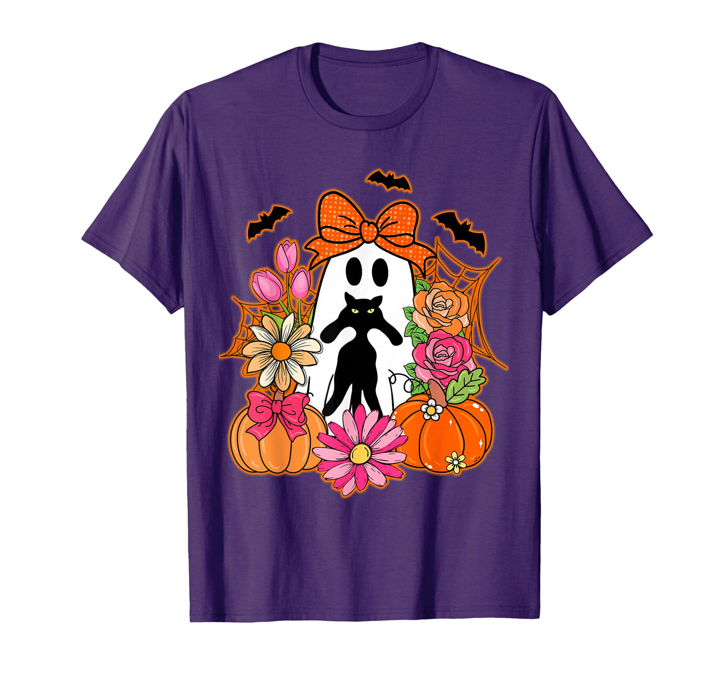 Halloween Ghost Holding Black Cat Groovy Floral T-Shirt