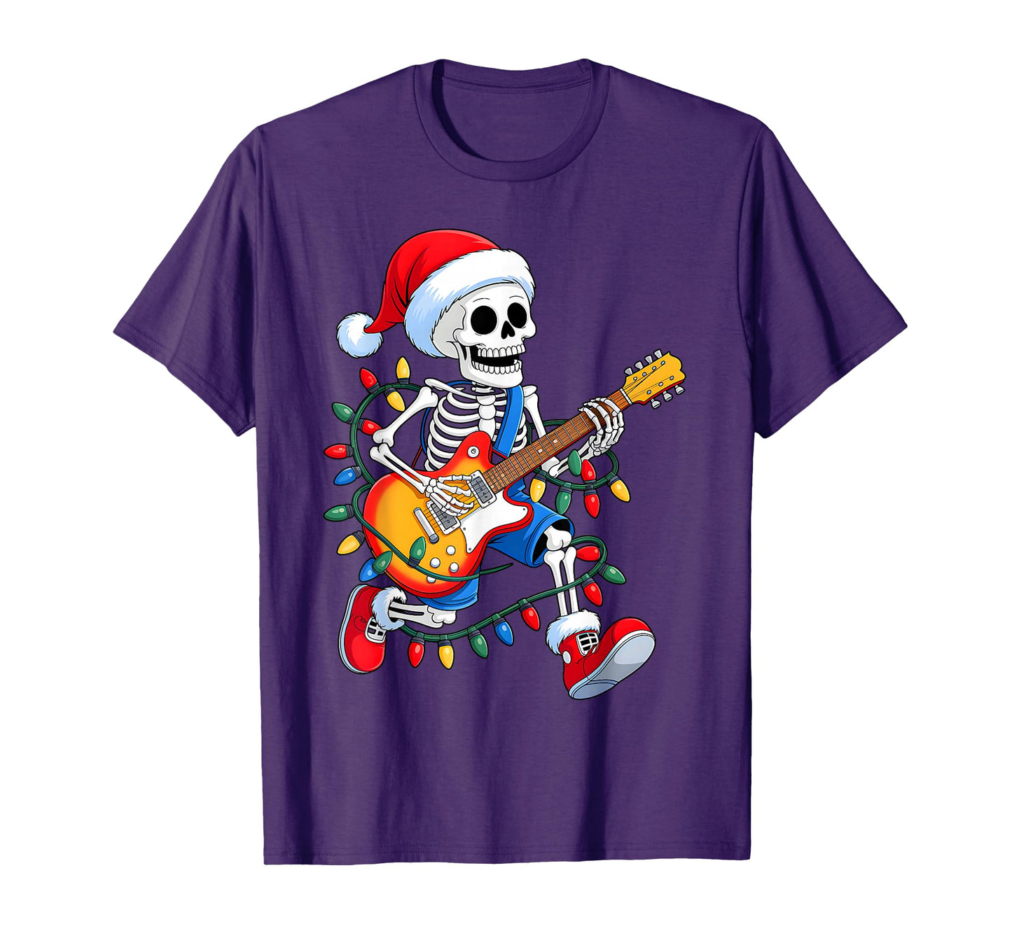 Xmas Santa Skeleton Playing Guitar Rock Funny Christmas T-Shirt