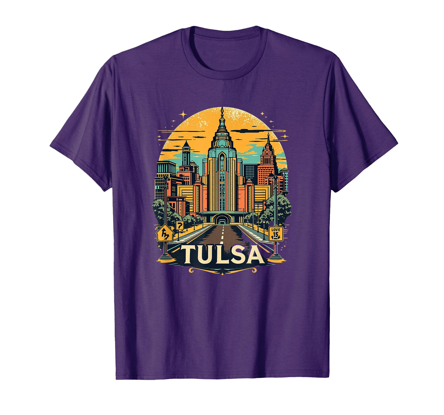 Vintage Tulsa Oklahoma Sunset Skyline Cityscape T-Shirt